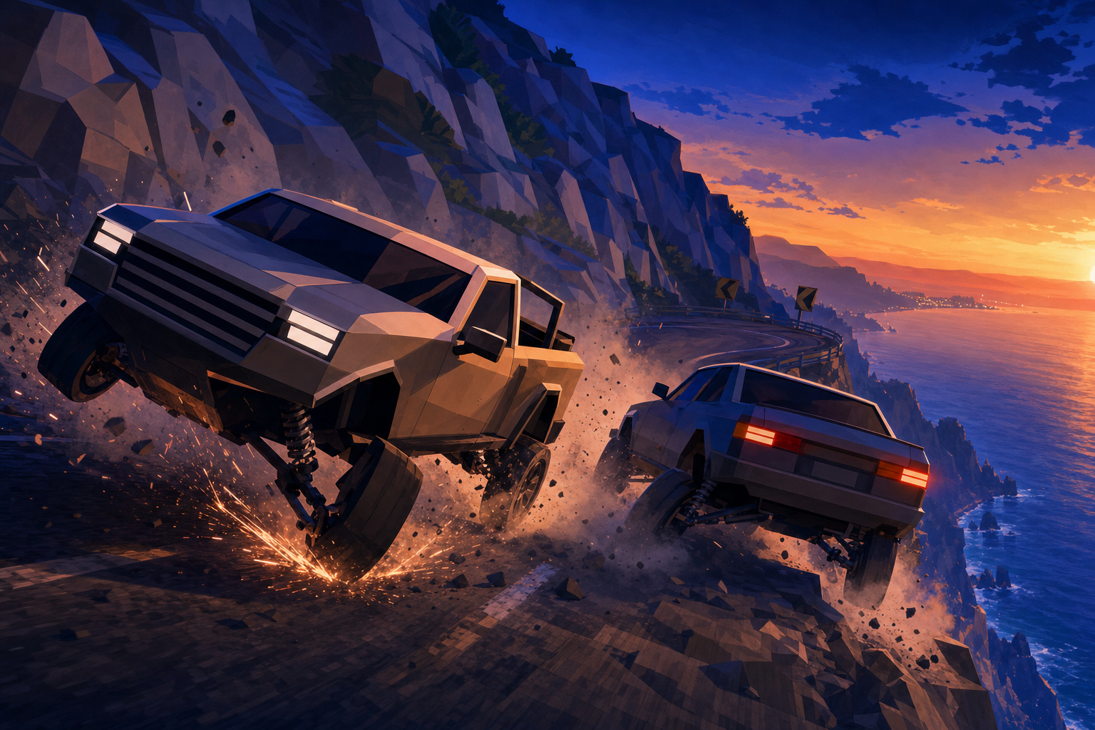 Original Happy Fragger artwork showing a stylised cliffside road at twilight with generic unbranded vehicles sliding through sparks, dust, and debris to suggest a physics-heavy driving sandbox on console.