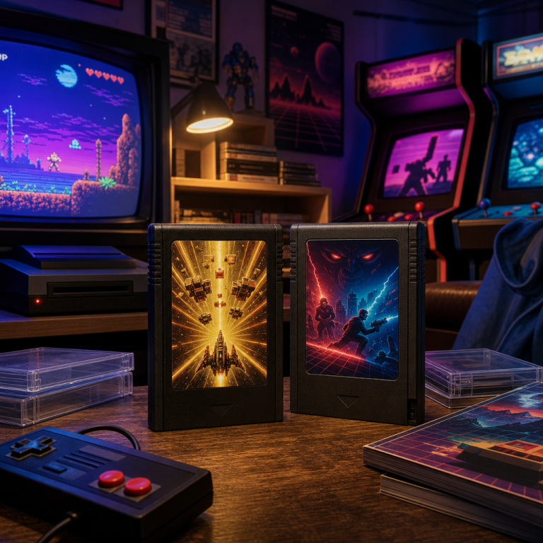 Original Happy Fragger artwork showing an atmospheric retro game room with a generic retro console, two unbranded cartridge cases on a desk, CRT glow, and arcade silhouettes in the background.