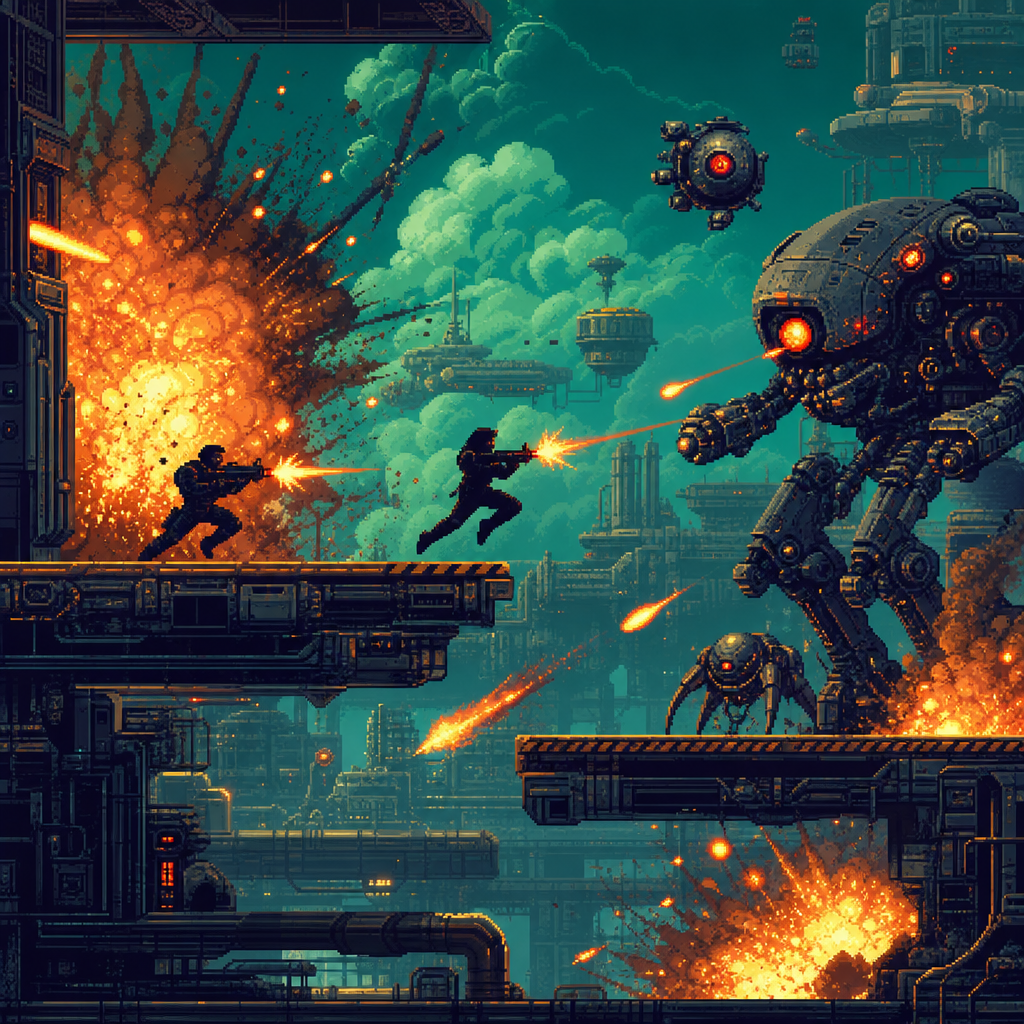 Original Happy Fragger artwork showing two generic sci-fi heroes blasting through a metallic side-scrolling battlefield filled with robots, explosions, and a neon industrial skyline.