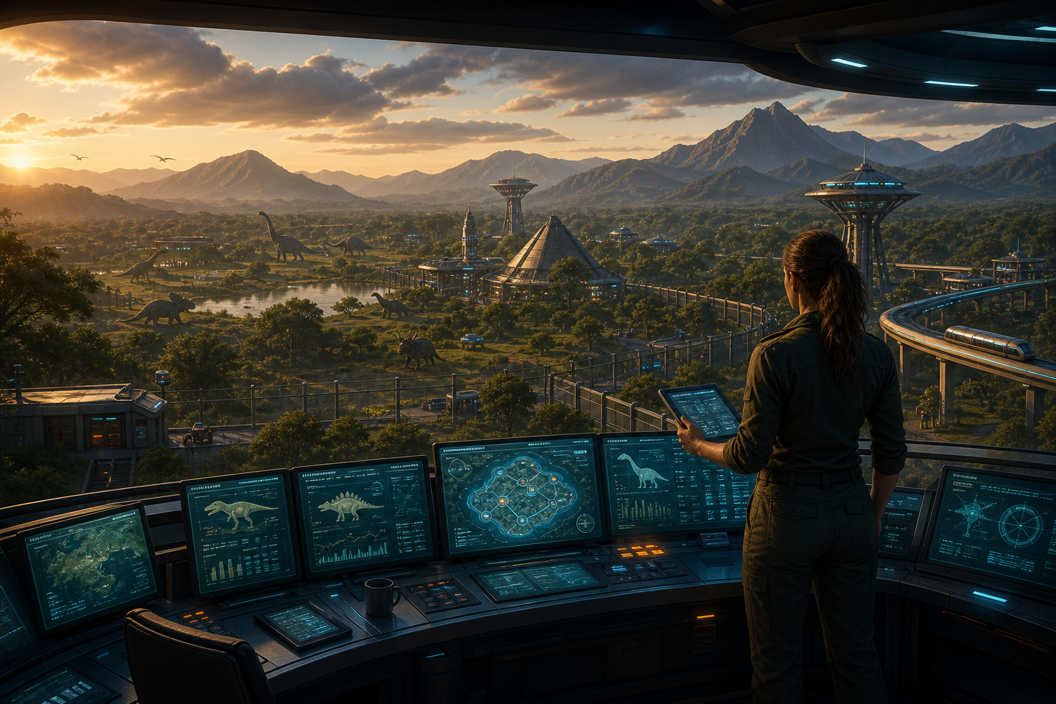 Original Happy Fragger artwork showing a futuristic park control room at sunset overlooking fenced green valleys, monorail track, observation towers, and distant generic dinosaur silhouettes lit by teal screens and warm amber sky.