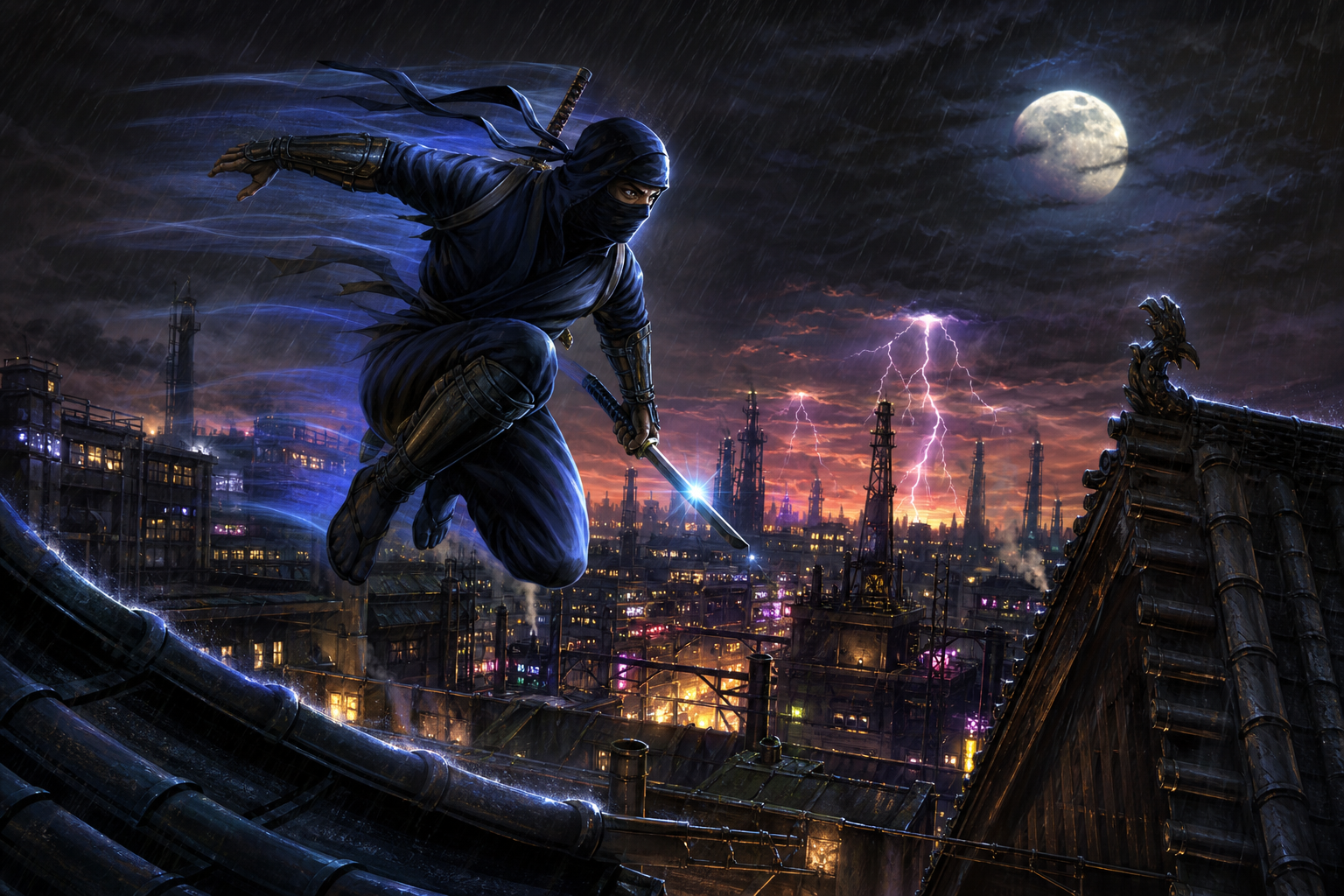 Original Happy Fragger artwork showing a generic masked ninja leaping across rain-slick rooftops above a neon-lit industrial city at dusk, with moonlight, lightning, and motion blur emphasising fast 16-bit action energy.