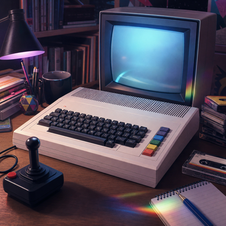 Editorial illustration of a white retro-inspired home computer on a desk with a joystick, cassette tapes and soft CRT glow