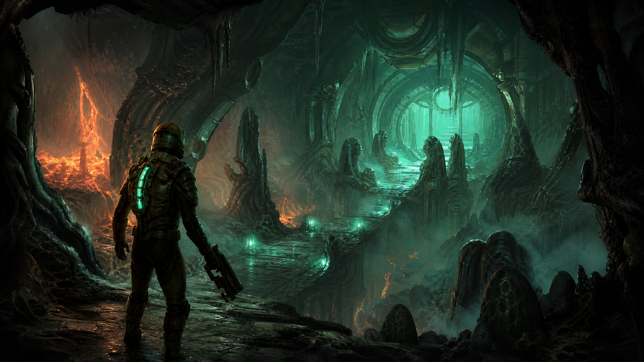 Original Happy Fragger artwork showing a generic armoured space explorer standing in a moody alien cavern with teal biomechanical ruins, drifting mist, and distant lava glow.