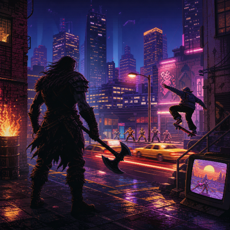 Pixel-art night city with axe-wielding silhouette, skateboarder jumping stairs, taxis blurring past, armored figures in the distance, and a CRT showing a retro fight scene.