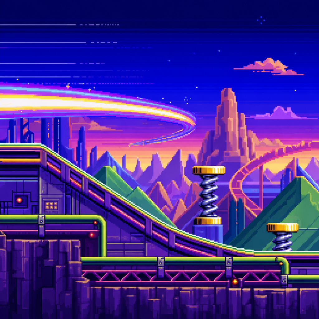 Original Happy Fragger artwork showing an abstract retro side-scrolling platform landscape with neon ramps, geometric hills, metallic springs, and a vivid motion trail under a purple-blue sunset sky.