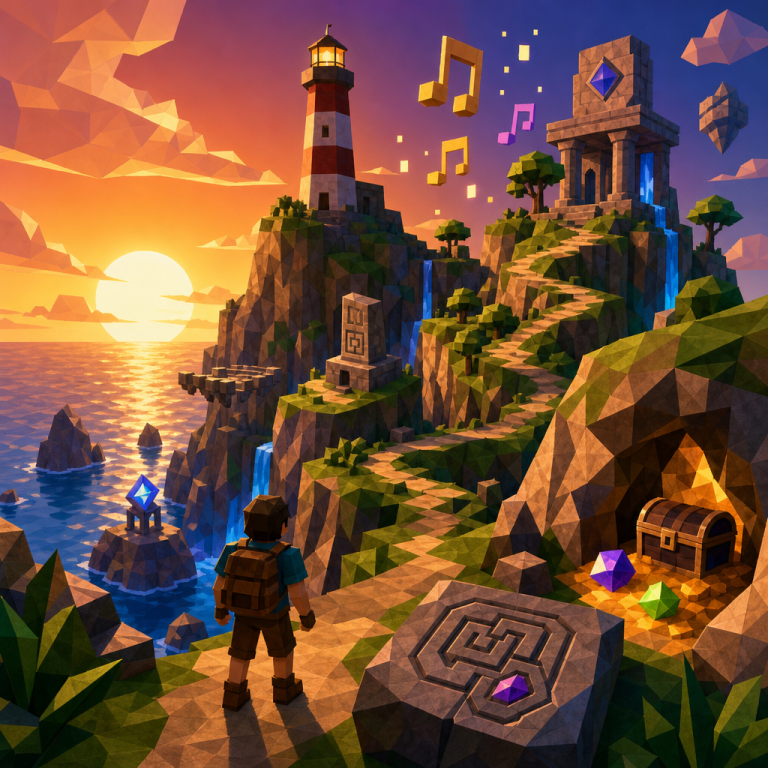 Original Happy Fragger artwork showing a bright low-poly island adventure landscape with a lighthouse, blocky cliffside ruins, winding paths, waterfalls, abstract musical icons, and a small generic backpacked adventurer silhouette.