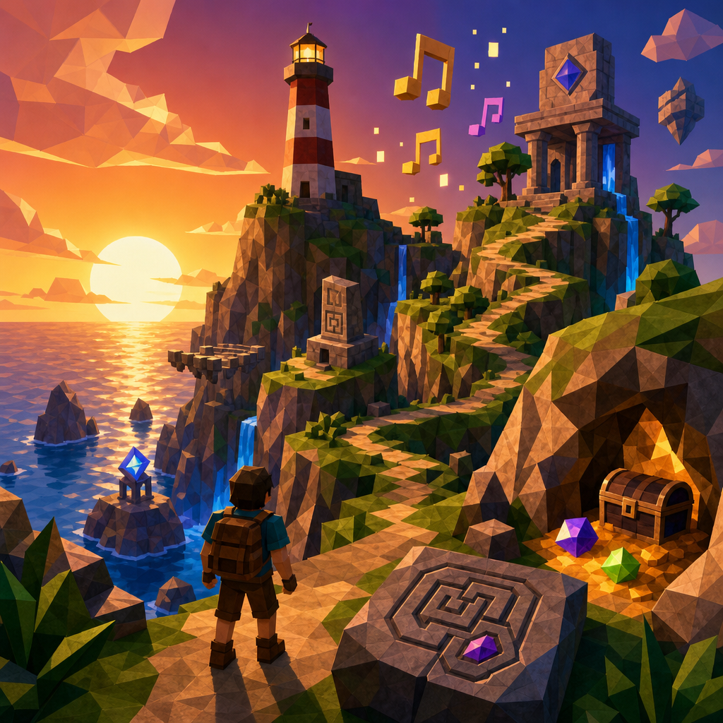 Original Happy Fragger artwork showing a bright low-poly island adventure landscape with a lighthouse, blocky cliffside ruins, winding paths, waterfalls, abstract musical icons, and a small generic backpacked adventurer silhouette.