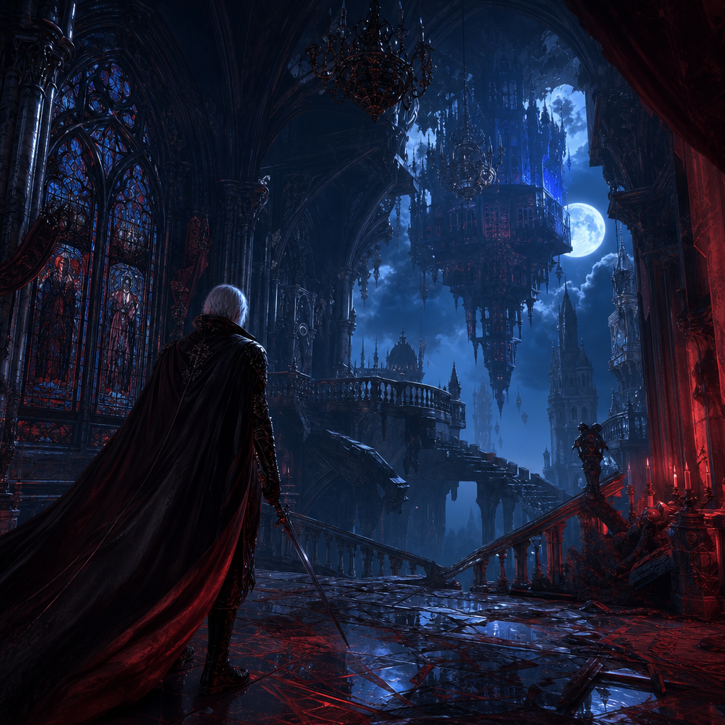 Original Happy Fragger artwork showing a generic pale caped swordsman from behind inside a vast moonlit gothic castle hall, with stained glass, chandeliers, broken marble, blue moonlight, red candlelight, and a surreal inverted corridor in the distance.
