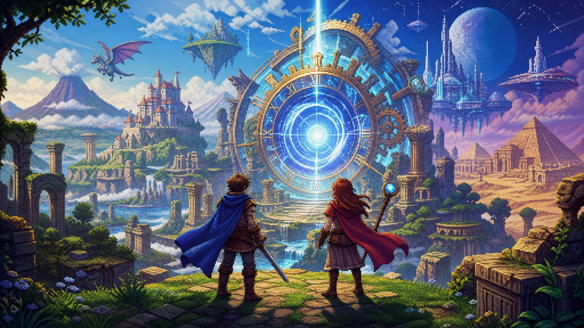 Original Happy Fragger artwork showing two generic fantasy adventurers facing a glowing clockwork time portal in a lush valley with floating ruins, layered skies, and luminous energy ribbons suggesting multiple eras colliding.