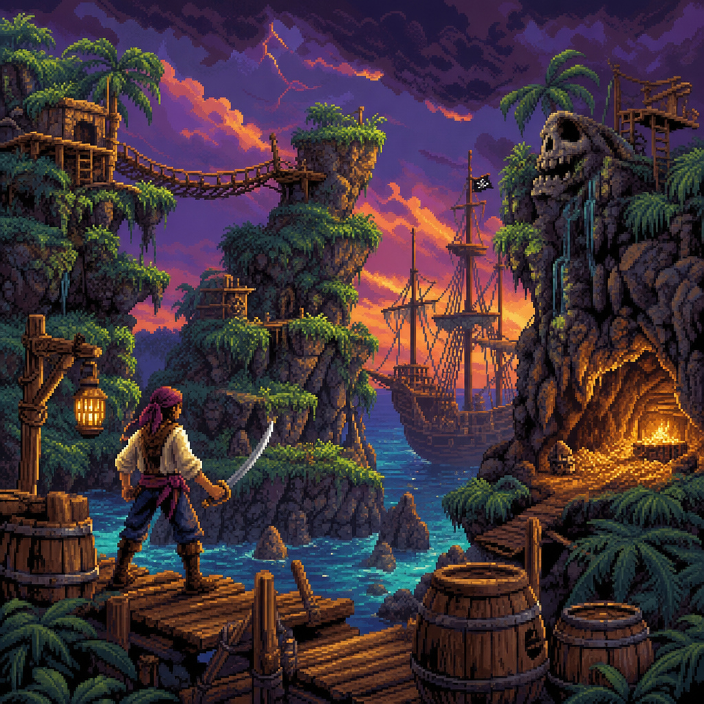 Original Happy Fragger artwork showing a generic 16-bit-inspired pirate cove at sunset, with jungle cliffs, rope bridges, ship masts, barrels on a dock, and a glowing treasure cave suggesting adventurous retro platforming.