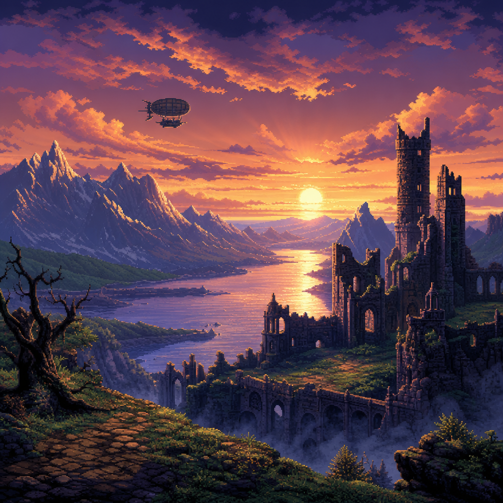 Original Happy Fragger artwork showing a ruined fantasy citadel above water and mountains at dusk, with a small generic steampunk-style airship crossing a crimson and cobalt sky.