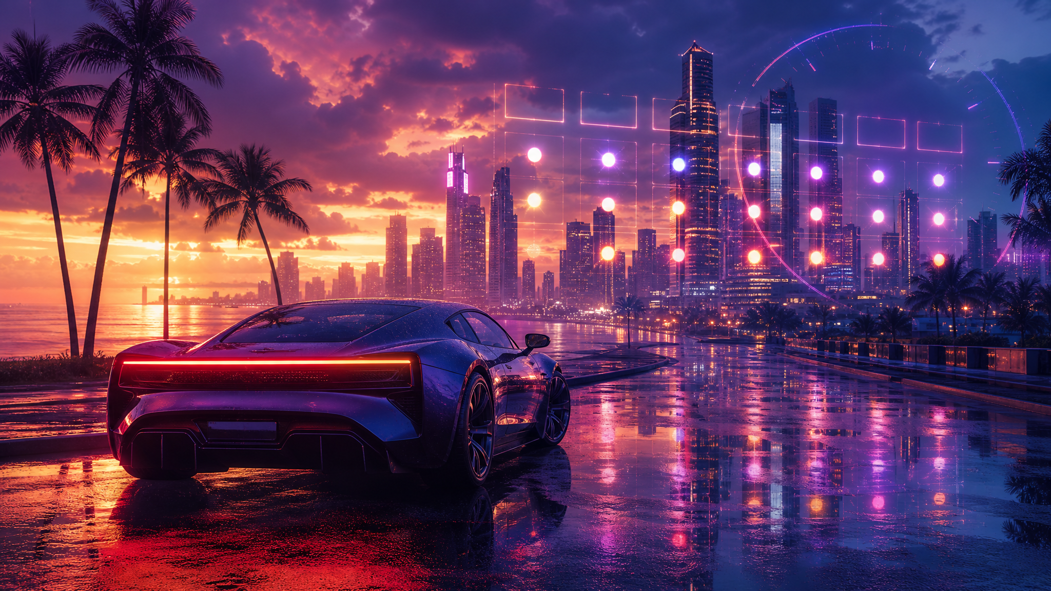 Original Happy Fragger artwork showing a generic sports car on a rain-slick coastal boulevard at dusk, with palm silhouettes, a neon city skyline, and abstract countdown-style lights in the background.