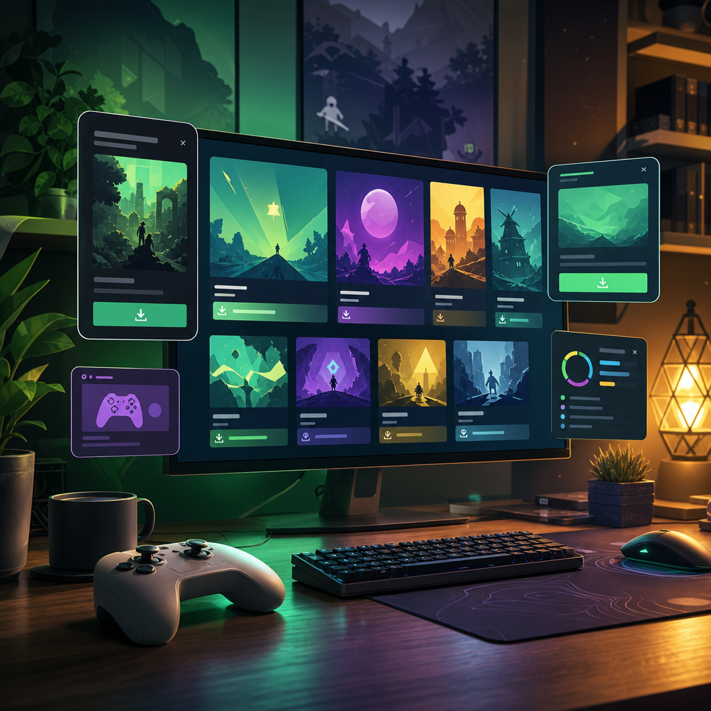 Original Happy Fragger artwork showing a gaming desk with a monitor full of colourful abstract demo cards, plus a keyboard, mouse, and controller in warm neon lighting.