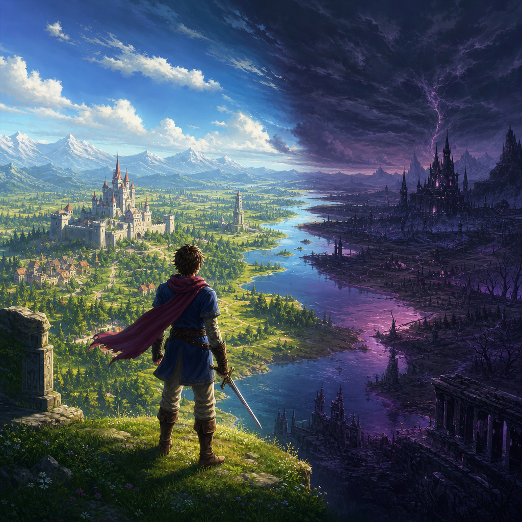 Original Happy Fragger artwork showing a generic fantasy adventurer from behind on a cliff overlooking a bright kingdom valley with castle, forest, river, and ruins, while a darker corrupted mirror-world spreads across the opposite side of the landscape under a dramatic dusk sky.