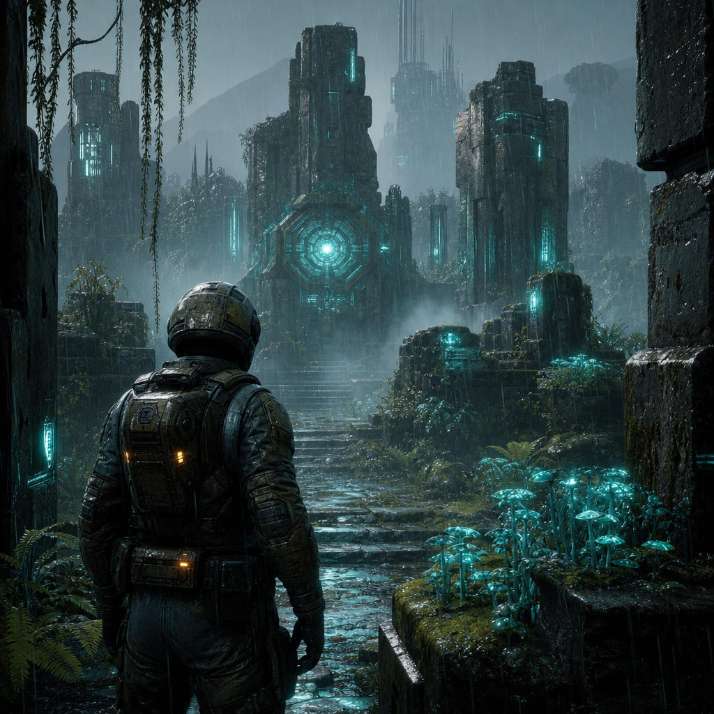 Original Happy Fragger artwork showing a generic armoured sci-fi explorer standing in rain-soaked alien ruins with teal bioluminescent plants and a glowing energy core in the distance.