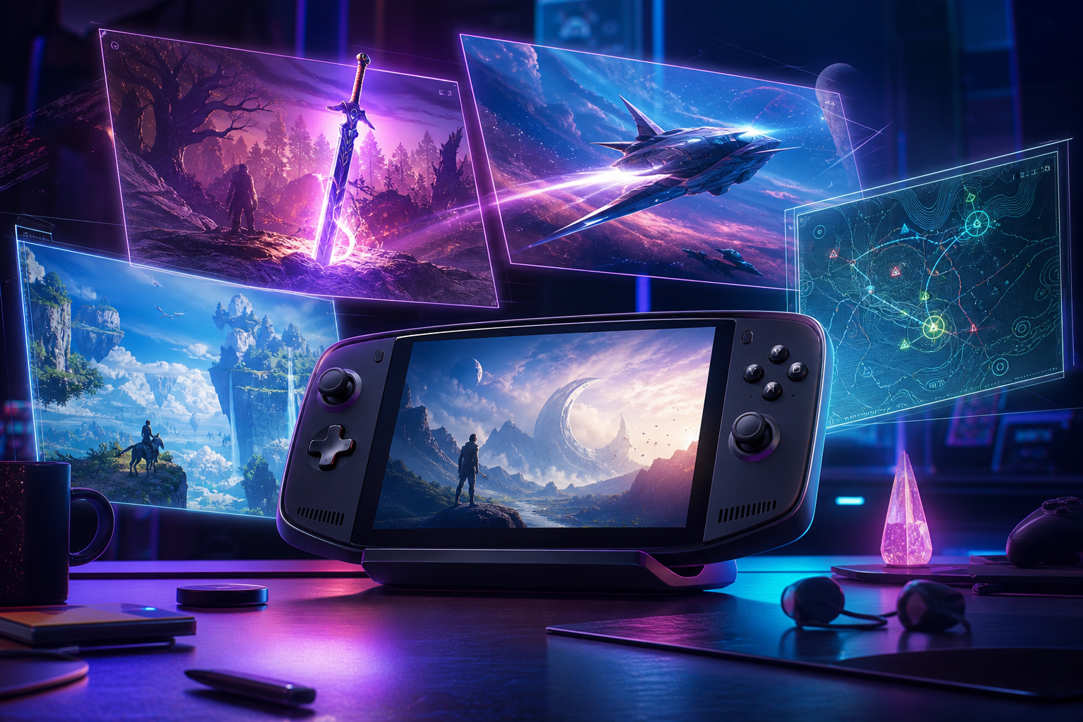 Original Happy Fragger artwork showing a generic handheld games console on a neon-lit desk with floating holographic adventure, fantasy, and space-combat panels to suggest a busy summer gaming showcase.
