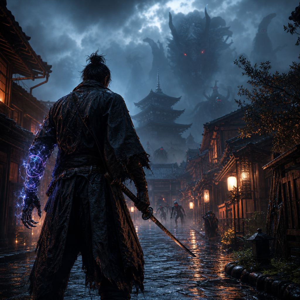 Original Happy Fragger artwork showing a generic samurai with a glowing blue gauntlet facing misty demon silhouettes on a lantern-lit Kyoto street in the rain.