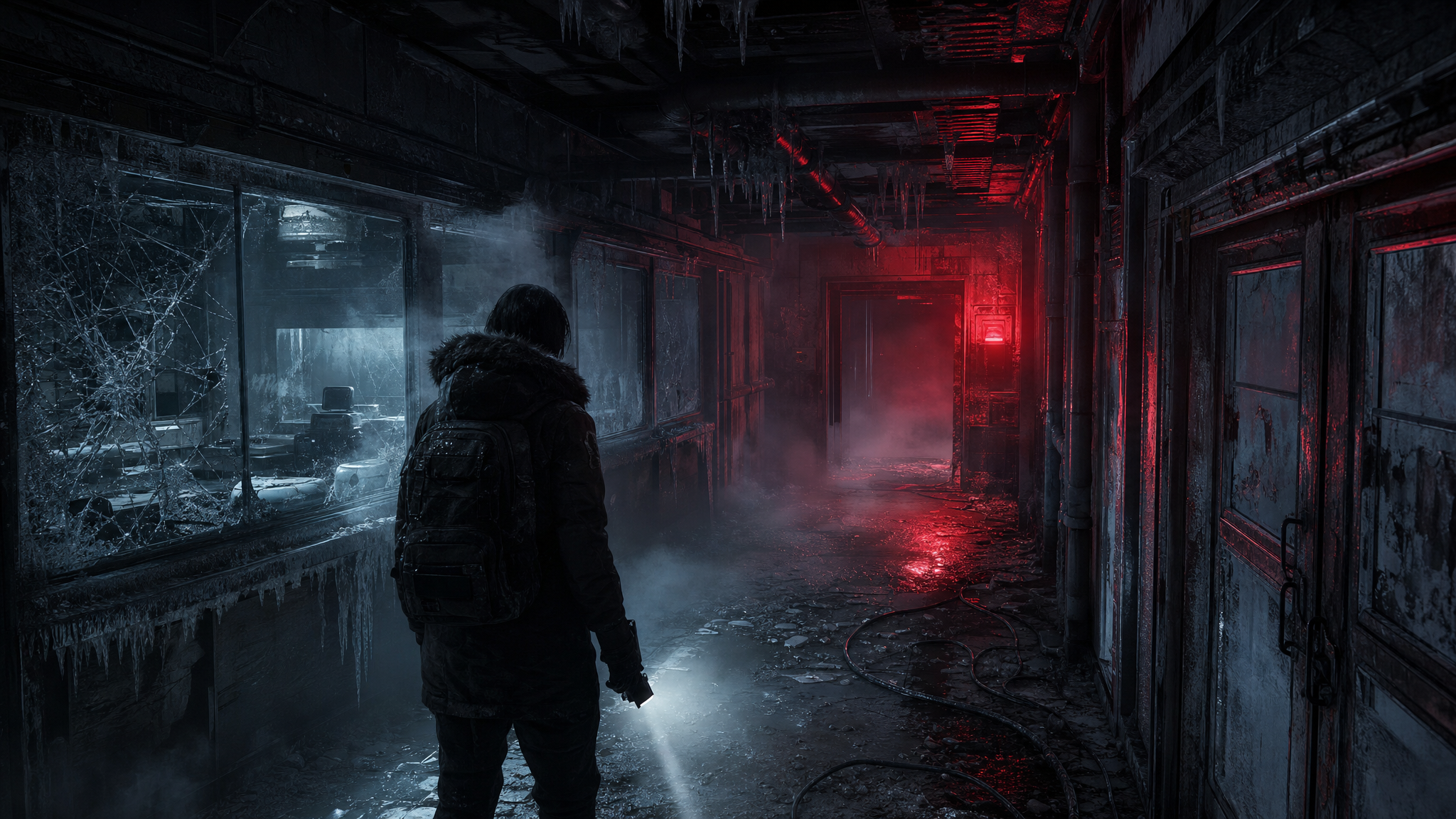 Original Happy Fragger artwork showing an icy abandoned research corridor with red emergency lighting, broken glass, drifting mist, and a generic survivor silhouette walking toward a sealed doorway.