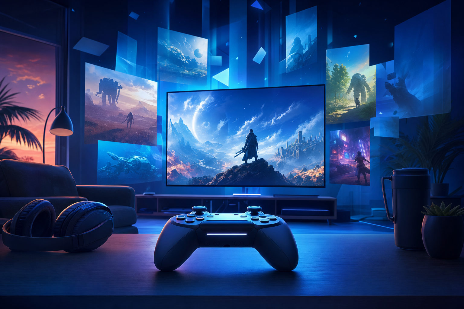 Blue-lit living room gaming setup with a generic controller on a table, a large screen showing an abstract sci-fi world, and floating display panels suggesting a major game showcase night.