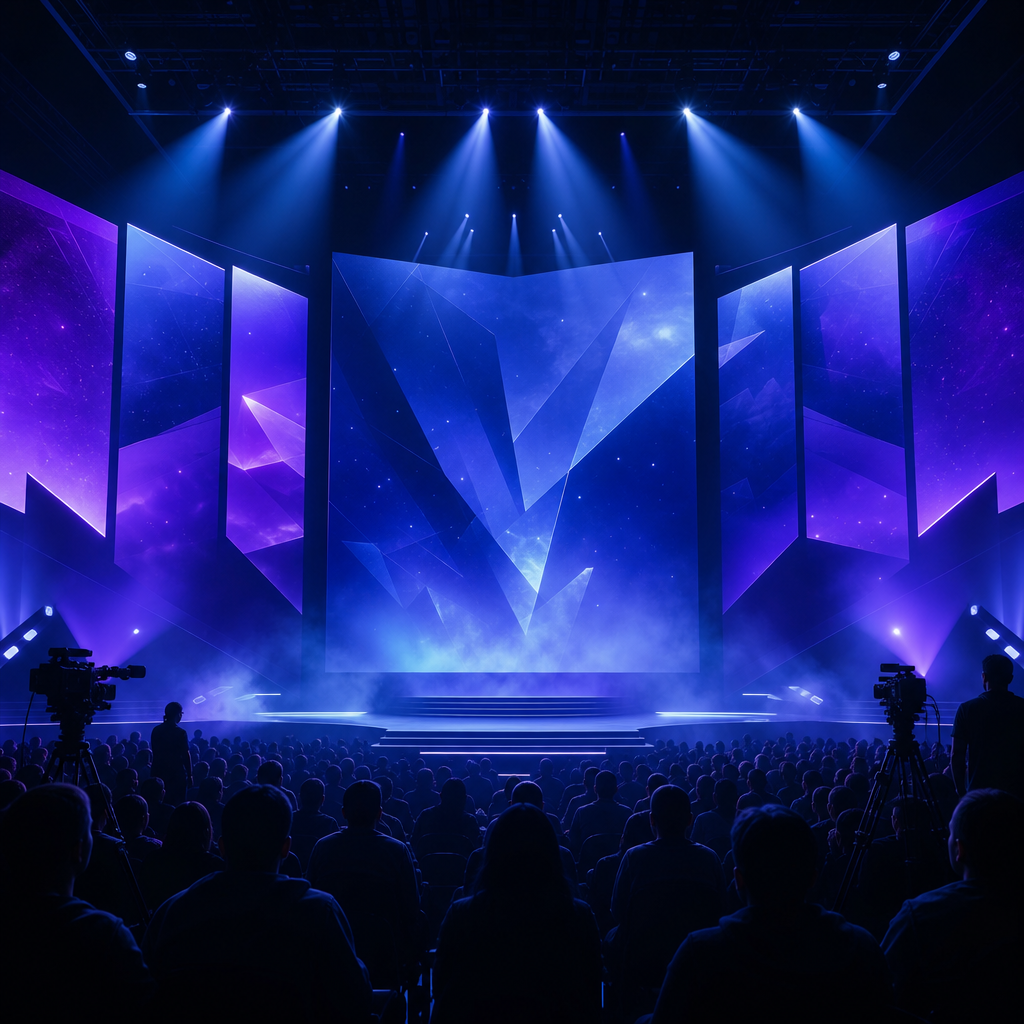 Original Happy Fragger artwork showing a blue and purple lit gaming showcase stage with towering abstract screens, sweeping spotlights, camera rigs, and audience silhouettes during a major summer livestream event.
