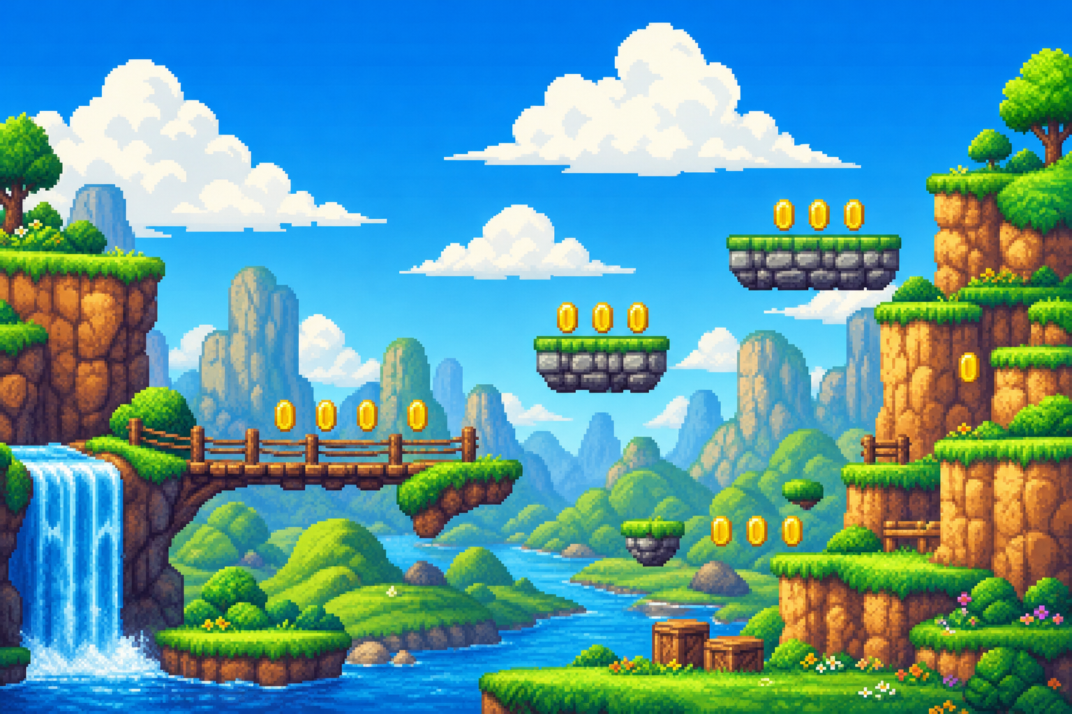 Original Happy Fragger artwork showing a bright generic 16-bit-style platform landscape with rolling green hills, ochre cliffs, floating stone platforms, wooden bridges, shiny plain coins, and chunky clouds in a vivid blue sky.