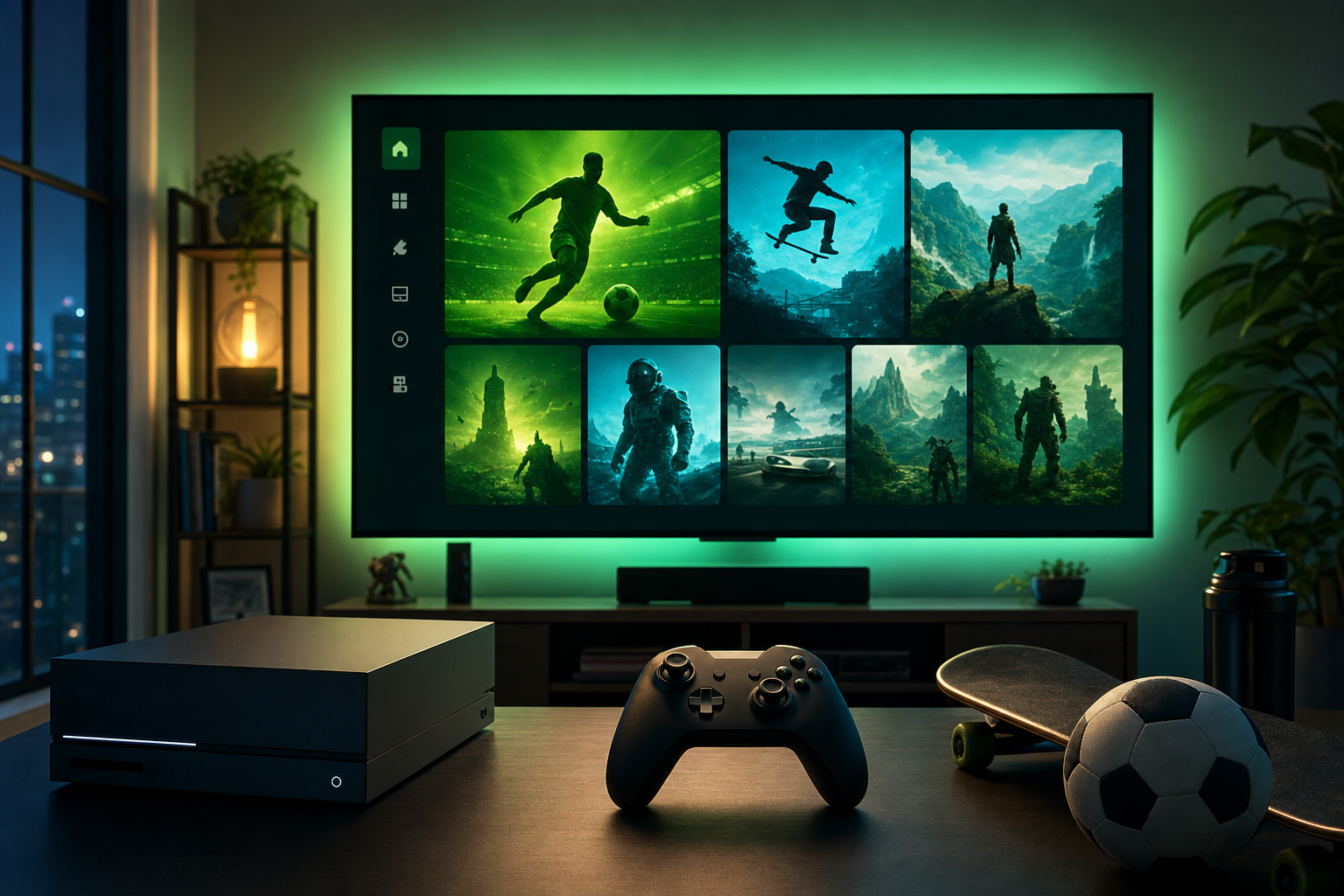 Original Happy Fragger artwork showing a generic gaming setup with a green-lit TV library screen, abstract sports and skating imagery, and a controller beside a sleek unbranded console.