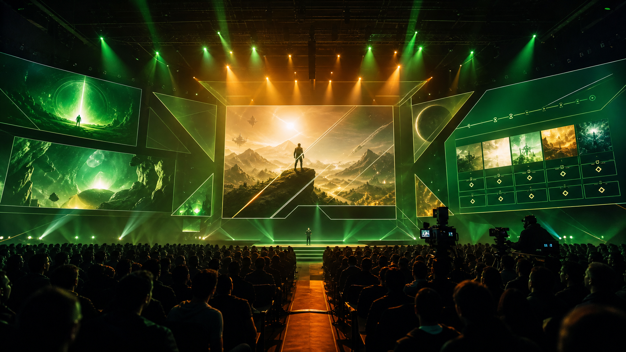 Original Happy Fragger artwork showing a packed gaming showcase auditorium with green and amber lighting, giant abstract sci-fi screens, camera rigs, and audience silhouettes during a major reveal night.