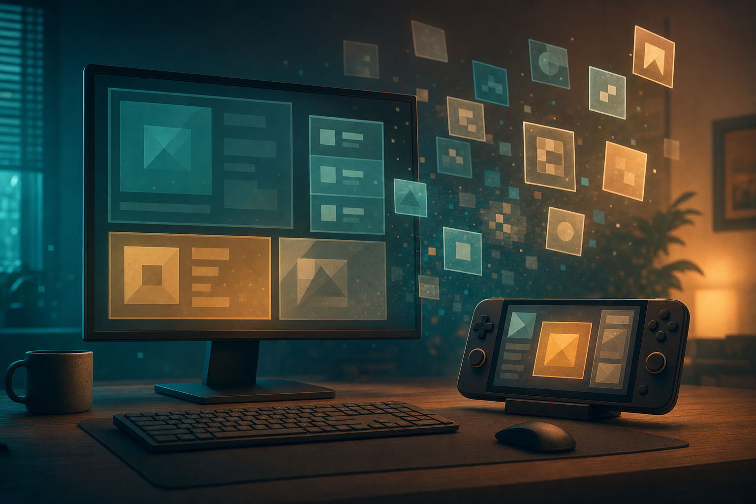 Original Happy Fragger editorial artwork showing a generic modern PC desk setup with an unbranded handheld device, abstract game-library tiles floating between screens, and teal-amber lighting that suggests classic games being preserved for new hardware.