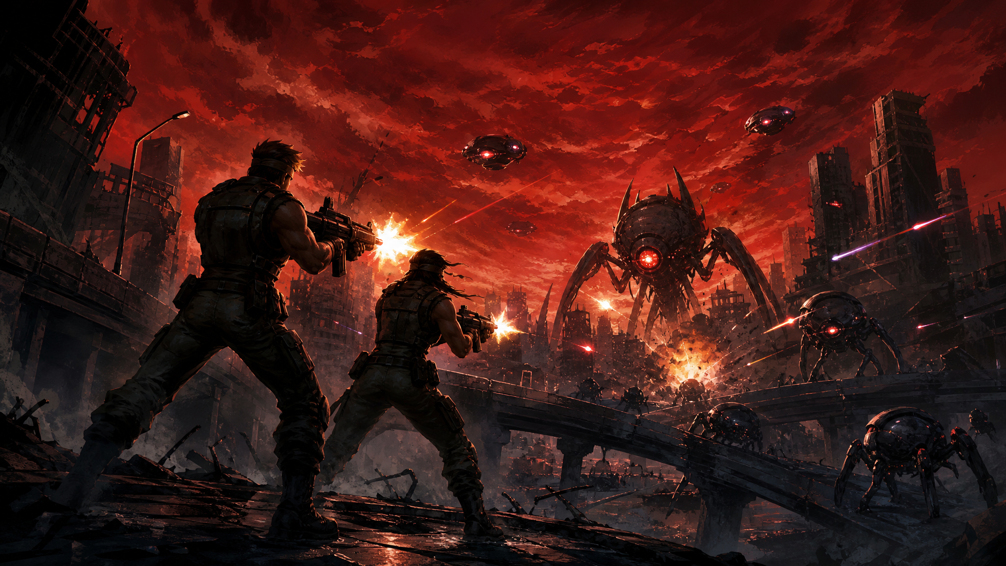 Original Happy Fragger artwork showing two generic commando silhouettes on a ruined futuristic highway, firing at abstract alien machines beneath a red storm sky filled with smoke and explosions.