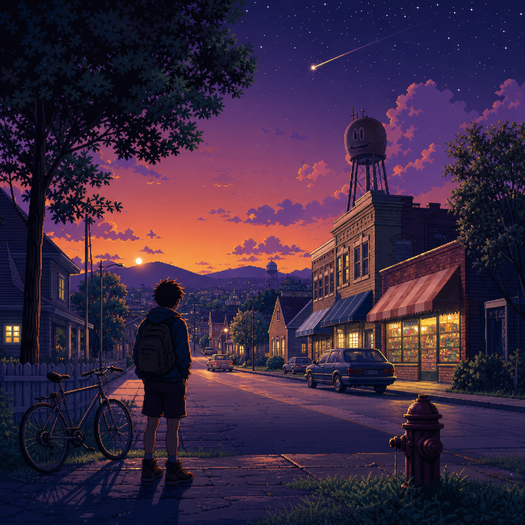 Original Happy Fragger artwork showing a generic backpacked kid on a quiet suburban street at dusk beside a bicycle, with glowing shop windows and a meteor streak overhead in a surreal retro-RPG mood.