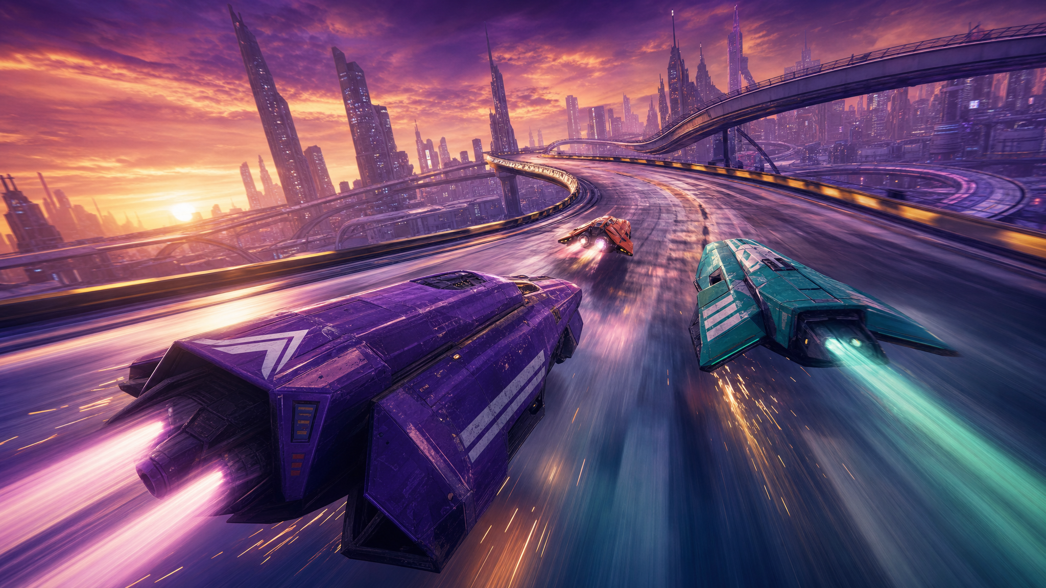 Original Happy Fragger artwork showing three generic anti-gravity racing craft blasting along a twisting elevated skyway above a futuristic neon city at sunset.