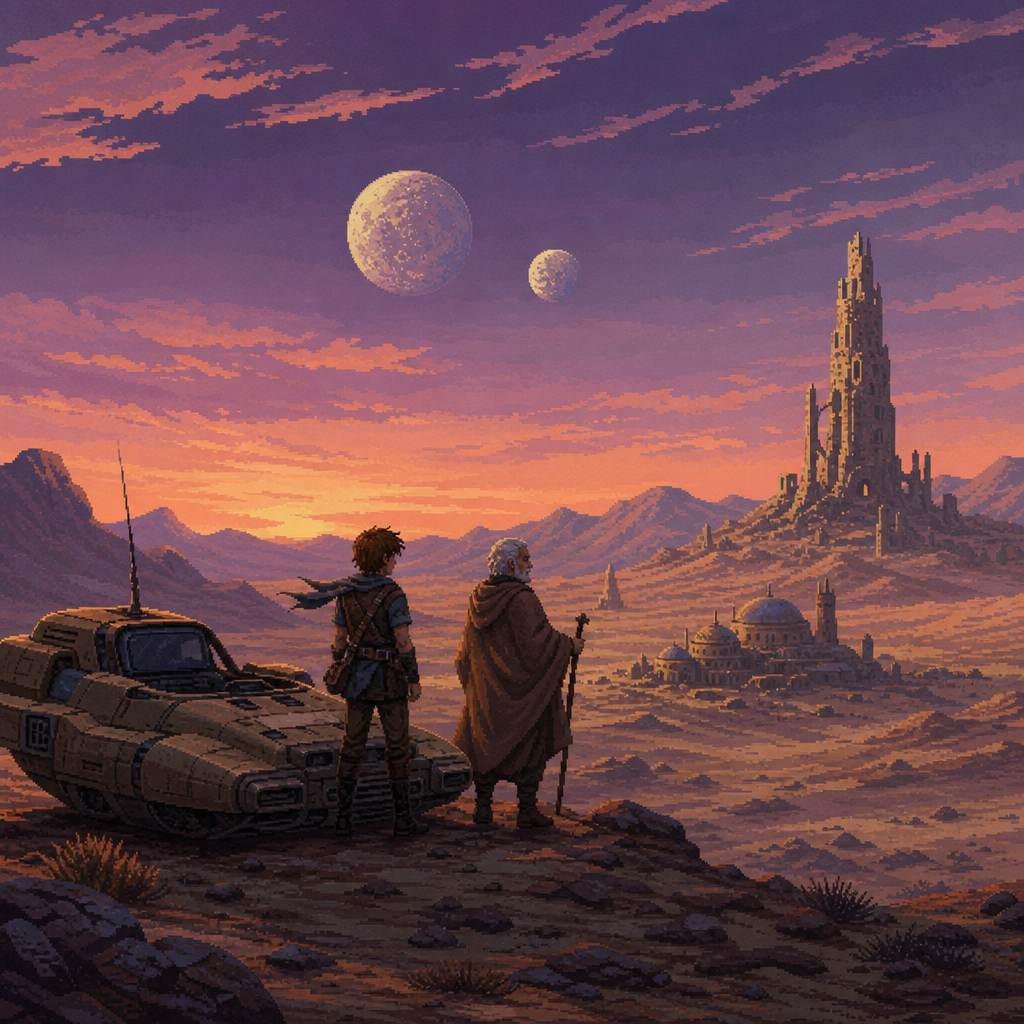 Original Happy Fragger artwork showing a windswept sci-fi desert world at dusk beneath twin moons, with two generic travellers beside a hover vehicle facing a distant domed town and ancient tower ruins.