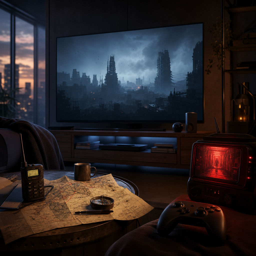 Original Happy Fragger editorial artwork showing an unbranded apartment gaming setup at dusk, with an abstract ruined city on a large screen, a map and radio suggesting co-op exploration on the table, and a red-lit retro monitor hinting at psychological horror.