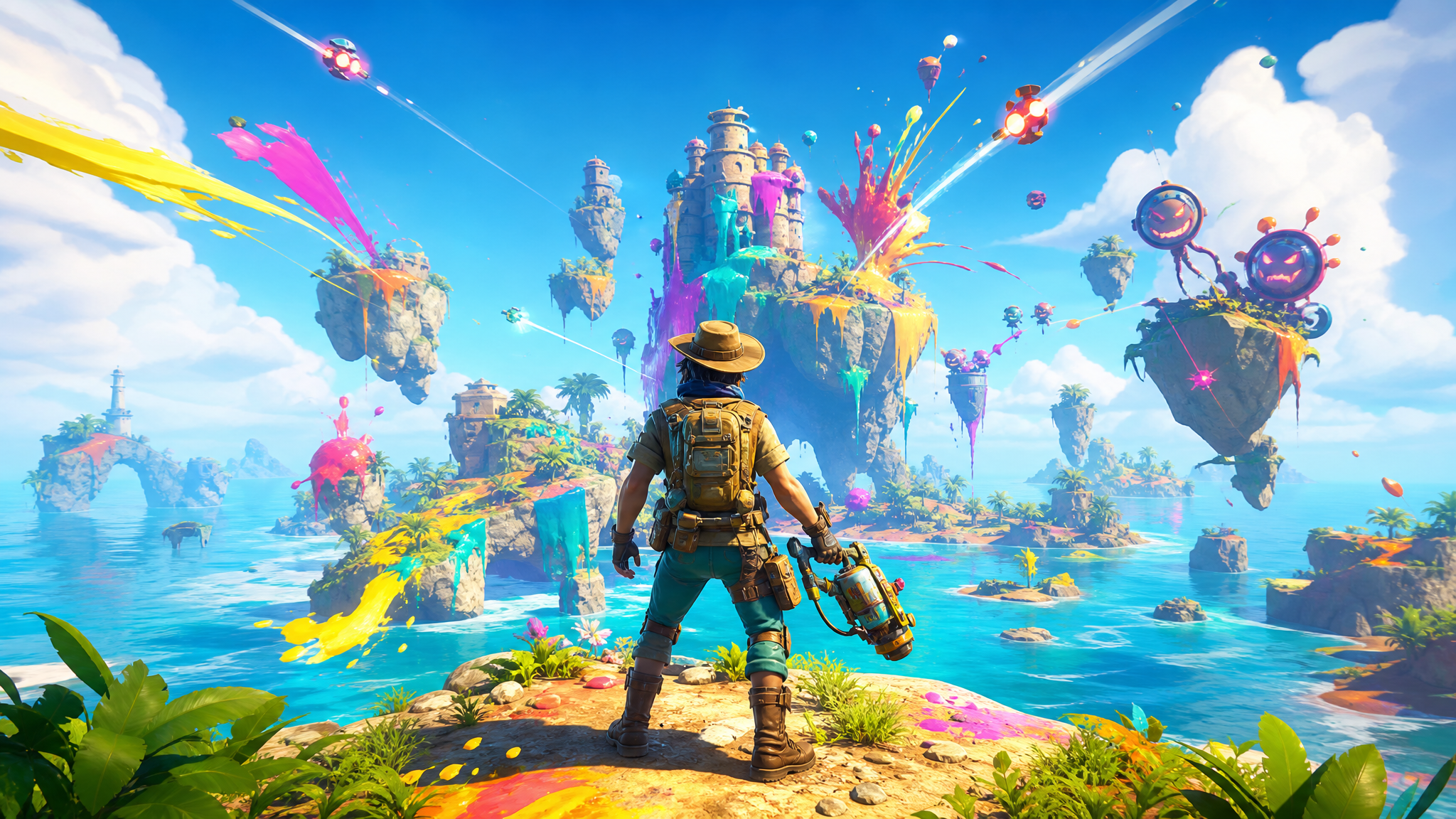 Original Happy Fragger artwork showing a generic treasure hunter on a bright island lookout, facing floating islands, paint-like colour bursts, and distant gadget-filled adventure hazards.