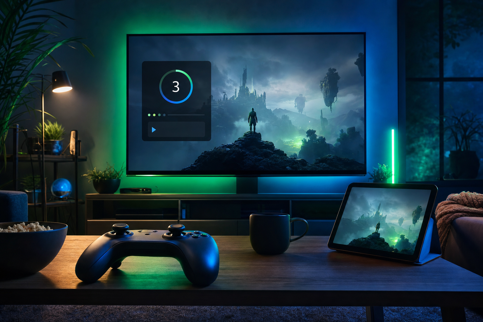 Original Happy Fragger editorial artwork showing a cosy living-room gaming setup with an unbranded TV game stream, a matching tablet stream, and soft green-blue ambient lighting suggesting cloud play at home.