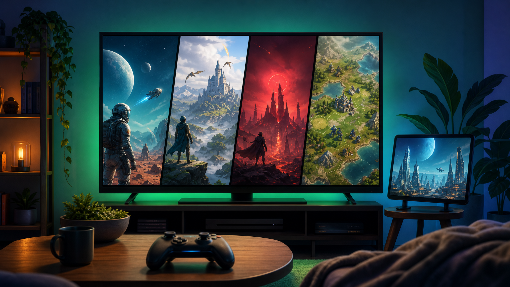 Original Happy Fragger editorial artwork showing an unbranded living-room gaming setup with a TV and side screen displaying abstract weekly game-release panels in cool blue-green light.