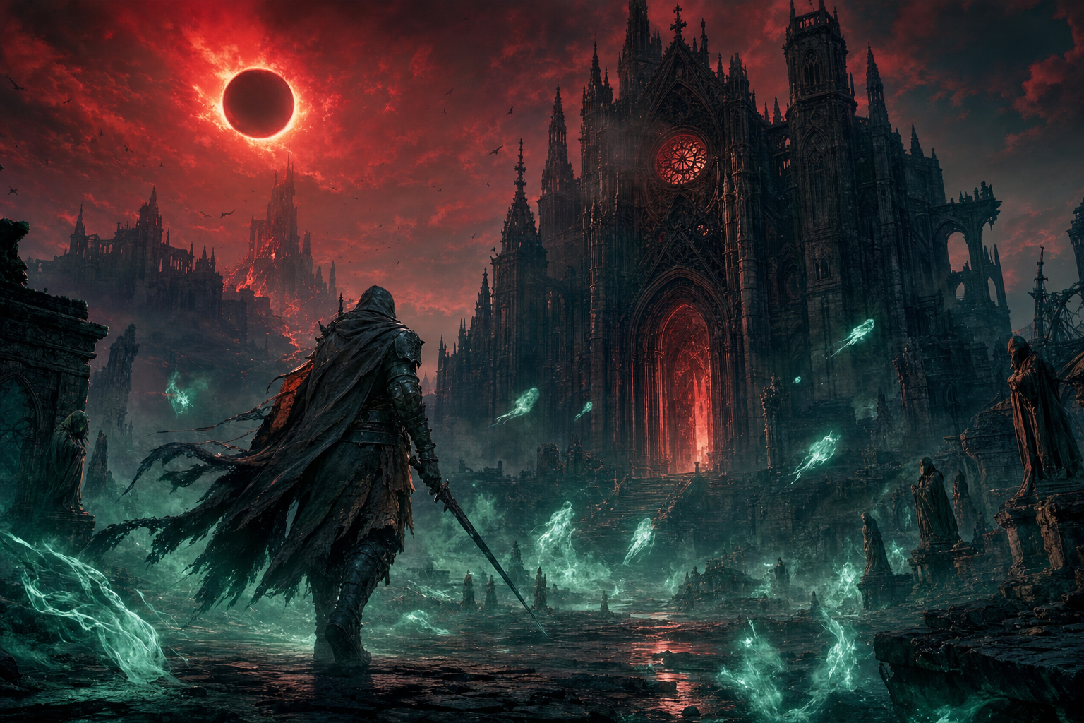 Original Happy Fragger editorial artwork showing an unbranded dark fantasy warrior approaching a ruined gothic cathedral beneath a blood-red eclipse, with ghostly green soul shards and infernal clouds overhead.