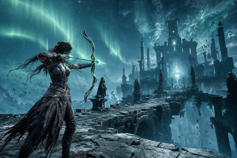 Original Happy Fragger editorial artwork showing an anonymous fantasy warrior drawing a glowing serpent-like bow on a shattered stone bridge in a cold mythic afterlife beneath an aurora-lit sky.