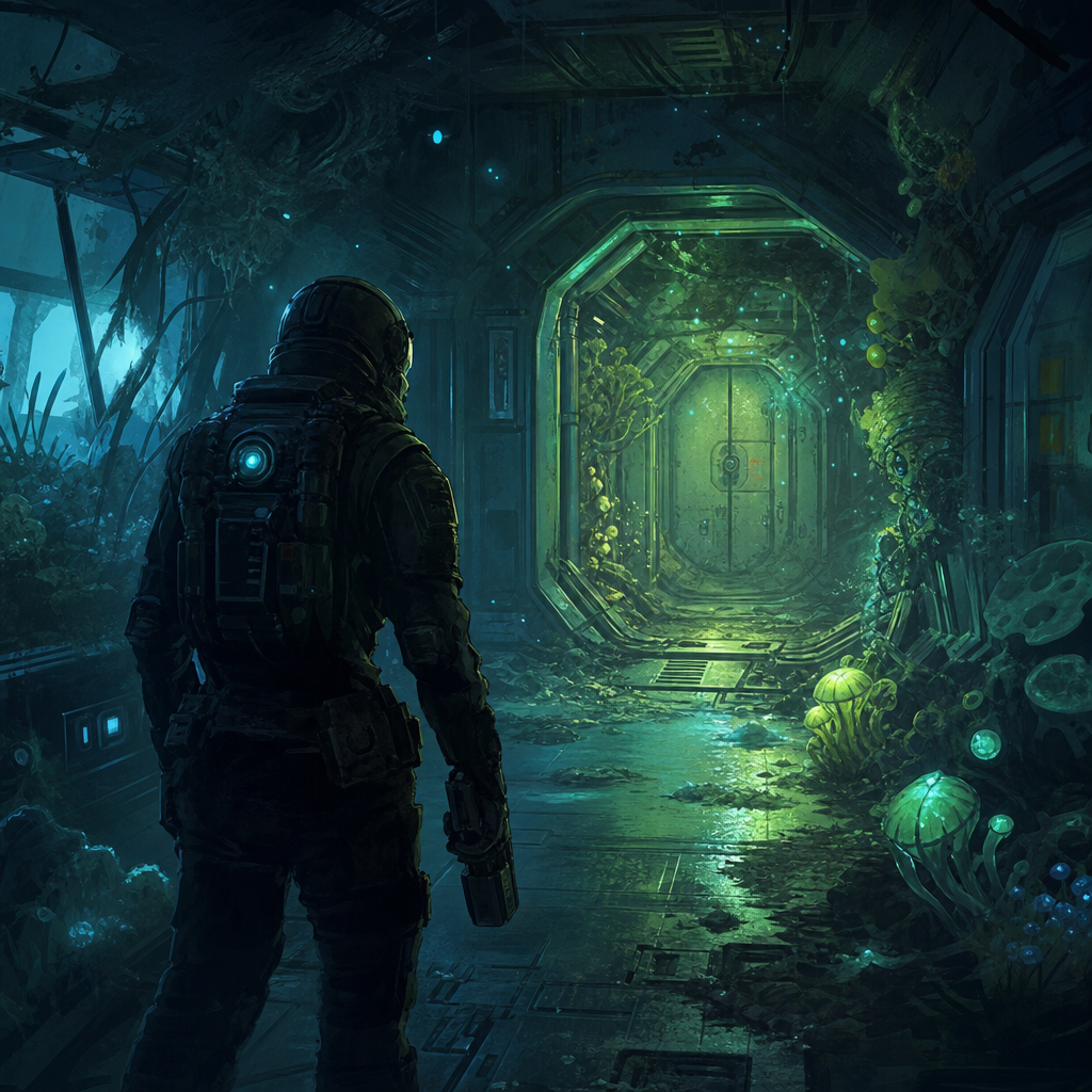 Original Happy Fragger artwork showing a lone generic armoured explorer in a dim sci-fi research corridor lit by green-blue bio-lights and drifting spores.