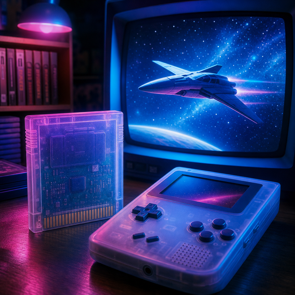 Original Happy Fragger artwork showing a generic translucent handheld console and cartridge on a neon-lit desk beside a CRT-style screen with a sleek unbranded sci-fi ship crossing a starfield.