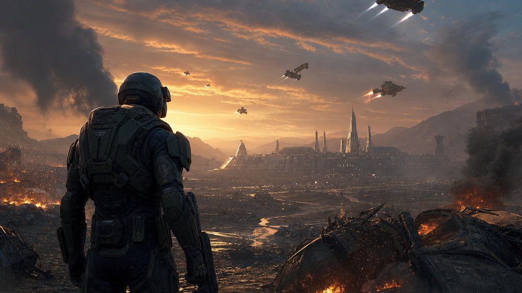 Original Happy Fragger editorial artwork showing a generic armored trooper standing on a muddy alien battlefield at dusk, with burning wreckage, distant futuristic city lights, and streaking dropships overhead.