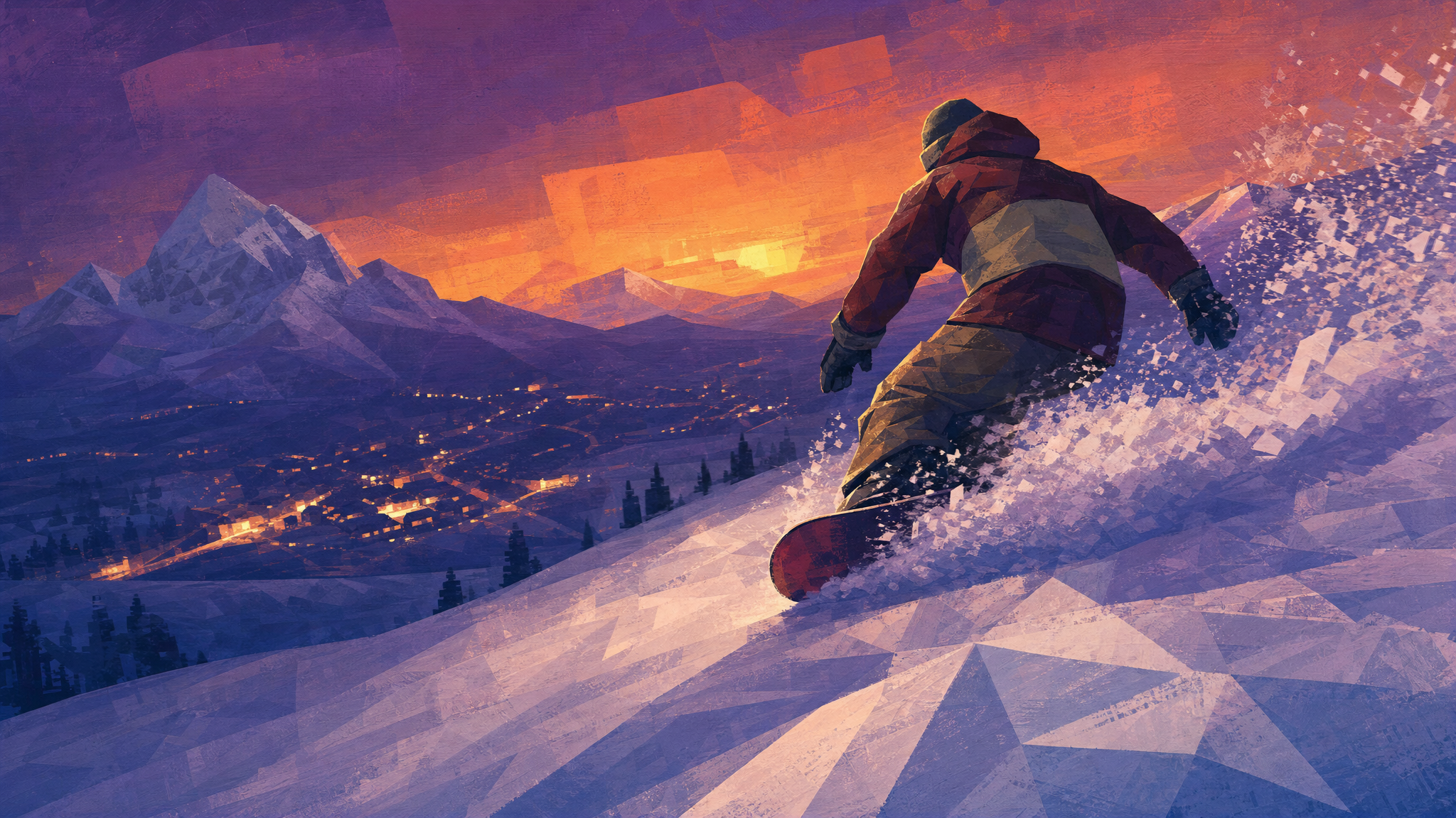 Original Happy Fragger artwork showing an anonymous snowboarder carving down a steep snowy mountain at dusk, with slalom markers, distant lodge lights, and a crisp low-poly-inspired winter sky.