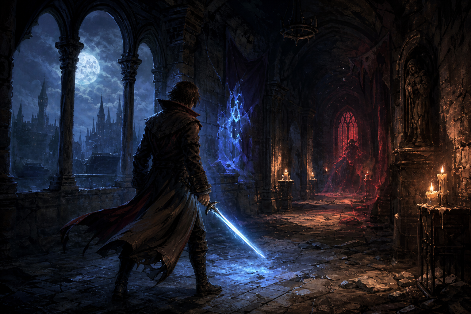 Original Happy Fragger artwork showing an anonymous young gothic adventurer with a glowing sword in a moonlit castle corridor filled with candles, cracked stone, and swirling spectral blue-red magic.