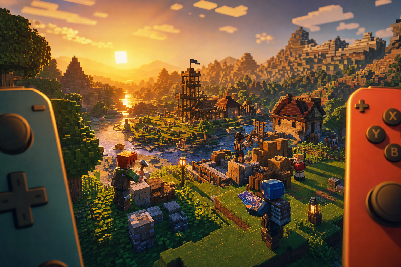 Blocky voxel-style fantasy village at sunset with anonymous builders working beside a river, framed like a modern console adventure scene.