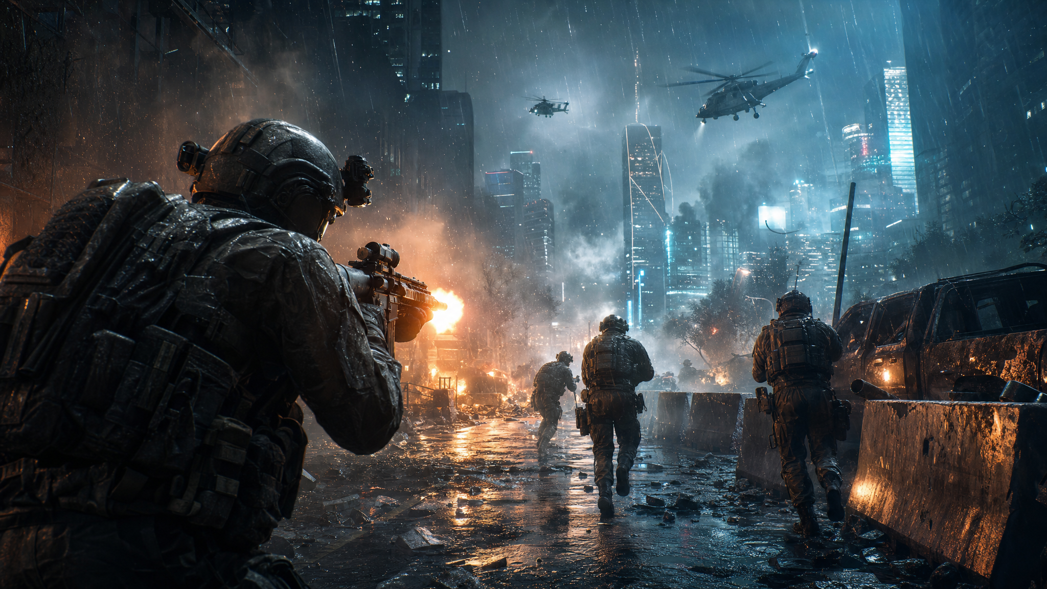 Original Happy Fragger editorial artwork showing anonymous modern soldiers advancing through a rain-soaked neon city street beneath helicopters and distant fires, evoking a grounded near-future military shooter without official characters or logos.