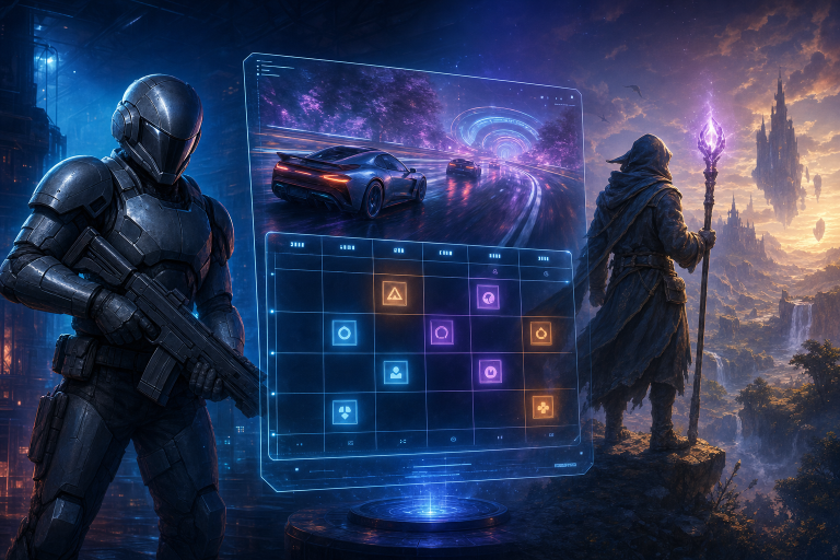 Original Happy Fragger editorial artwork showing an anonymous sci-fi trooper, a hooded fantasy explorer, and a holographic weekly release board above a stylised racing scene in blue-purple light.