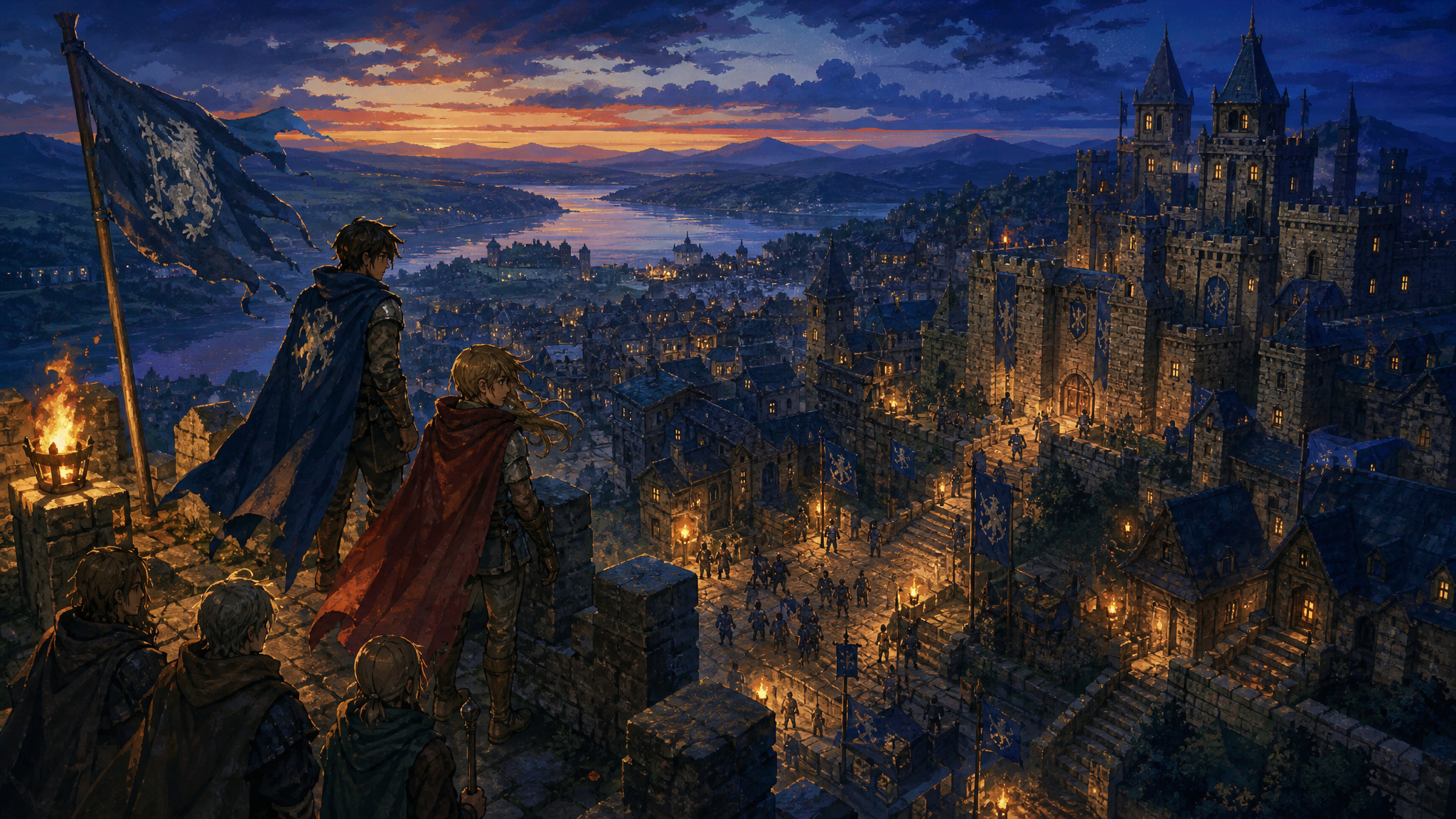 Original Happy Fragger artwork showing generic cloaked rebels overlooking a torchlit medieval fortress city at dusk, evoking a late-1990s fantasy war RPG without depicting official characters or logos.